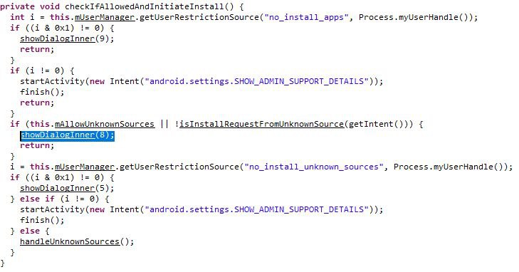 科大讯飞这边可以看到，逻辑被改成了只有当是升级或者在白名单内时才允许安装